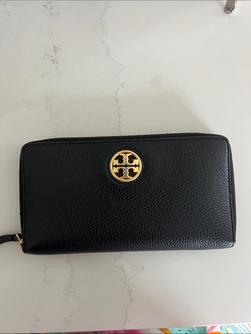 Tory Burch Black Leather Zip Wallet with Gold Logo Medallion